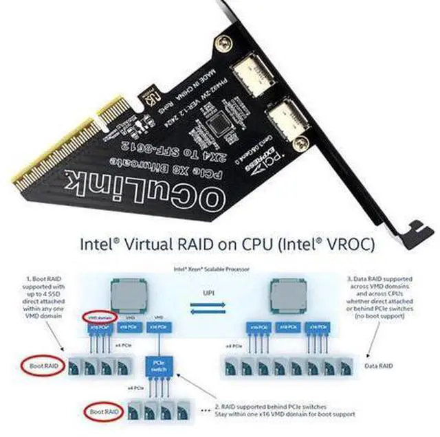 Alt view image 6 of 7 - Vszerda PCI-Express 4.0 8X PCIE Detachable to Dual Oculink 4X SFF-8612 SFF-8611 VROC Raid0 Adapter for U.2 SSD eGPU Graphics Card External Dock
