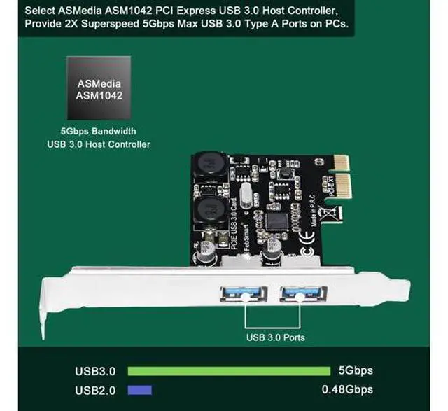 Alt view image 2 of 7 - Vszerda 2-Ports Superspeed 5Gbps USB 3.0 PCI Express Expansion Card for Windows, MAC OS X and Linux Desktop PCs, Built in Self-Powered Technology, No Need Additional Power Supply (FS-U2S-Pro)