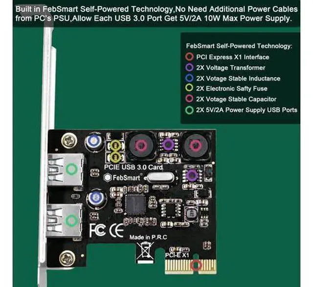 Alt view image 3 of 7 - Vszerda 2-Ports Superspeed 5Gbps USB 3.0 PCI Express Expansion Card for Windows, MAC OS X and Linux Desktop PCs, Built in Self-Powered Technology, No Need Additional Power Supply (FS-U2S-Pro)