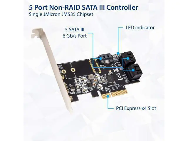Alt view image 2 of 6 - Vszerda Internal 5 Port Non-Raid SATA III 6GB/S Pci-E X4 Controller Card for Desktop PC Support SSD and HDD with Low Profile Bracket. JMB585 Chipset SI-PEX40139