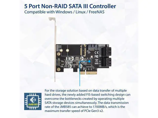 Alt view image 4 of 6 - Vszerda Internal 5 Port Non-Raid SATA III 6GB/S Pci-E X4 Controller Card for Desktop PC Support SSD and HDD with Low Profile Bracket. JMB585 Chipset SI-PEX40139