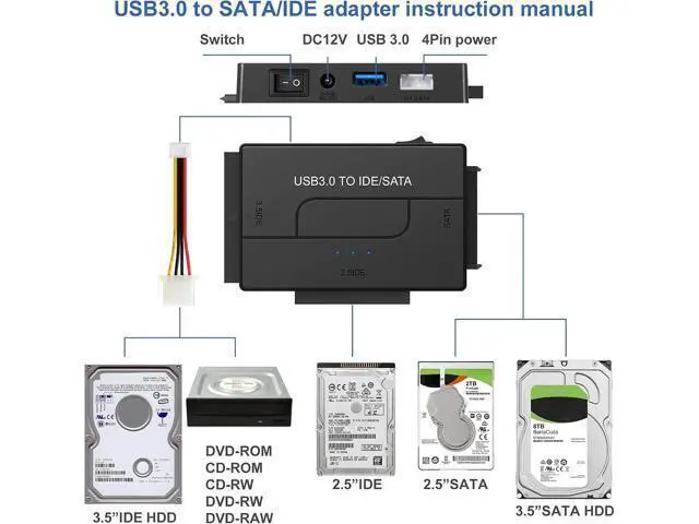 Alt view image 4 of 7 - Vszerda USB 3.0 to SATA IDE Hard Drive Reader, External Hard Drive Ultra Recovery Converter Universal Hard Drive Adapter Kit for 2.5/3.5 HDD/SSD Hard Drive Disk, Include 12V/2A Power Adapter