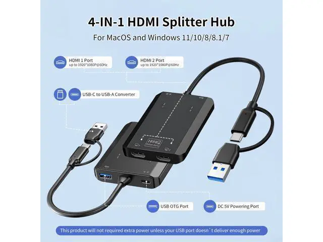 Alt view image 3 of 7 - Vszerda USB 3.0 to Dual HD Adapter, Type C to HD Splitter for 2 Monitors, Double 1080P@60Hz Universal Multiple Screen Connector, Extended Display Adapter for MacOS 10.15/Windows 11/10/8.1/8/7
