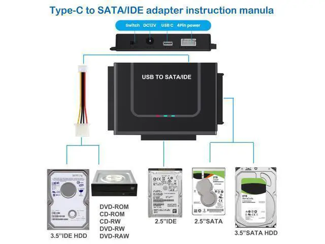Alt view image 4 of 7 - Vszerda USB 3.0 to IDE SATA Adapter, USB Type C Hard Drive Reader External HDD Converter for 2.5/3.5 inches IDE SATA HDD SSD, 12V/2A Power Adapter Included