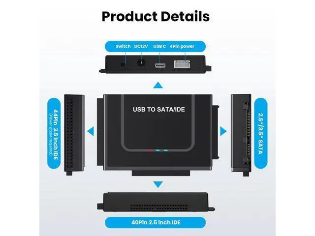 Alt view image 5 of 7 - Vszerda USB 3.0 to IDE SATA Adapter, USB Type C Hard Drive Reader External HDD Converter for 2.5/3.5 inches IDE SATA HDD SSD, 12V/2A Power Adapter Included