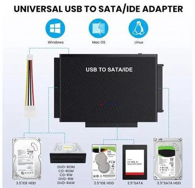 Alt view image 3 of 7 - Vszerda USB C to IDE SATA Hard Drive Reader, Upgraded Reader Ultra Recovery Converter Universal Hard Drive Adapter Kit for 2.5/3.5 HDD/SSD Hard Drive Disk, Include 12V/2A Power Adapter