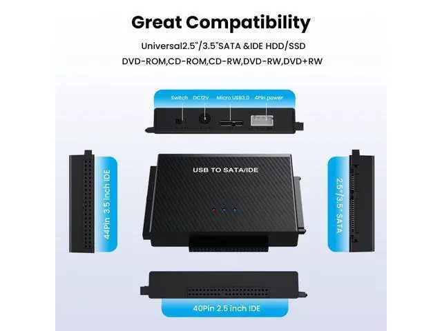 Alt view image 4 of 7 - Vszerda USB C to IDE SATA Hard Drive Reader, Upgraded Reader Ultra Recovery Converter Universal Hard Drive Adapter Kit for 2.5/3.5 HDD/SSD Hard Drive Disk, Include 12V/2A Power Adapter
