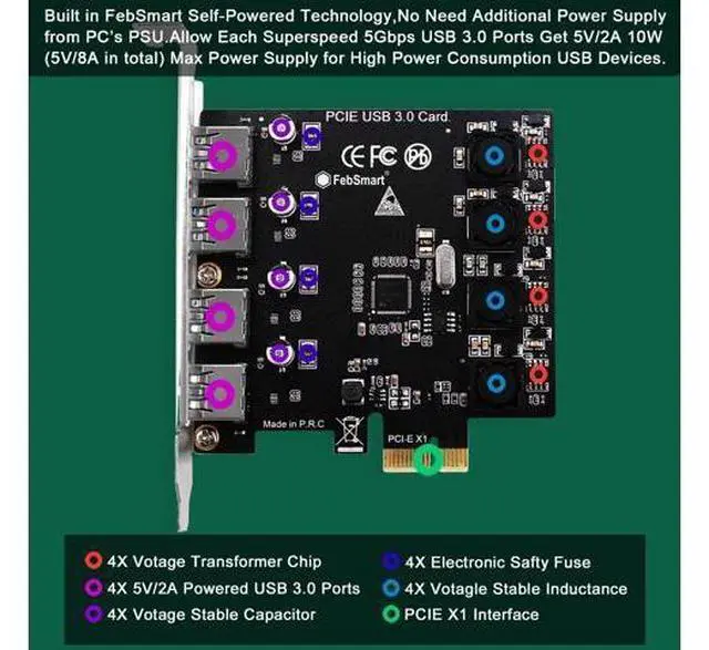 Alt view image 3 of 7 - Vszerda 4 Ports Superspeed 5Gbps USB 3.0 PCI Express Expansion Card for Windows 11, 10, 8.x, 7, Vista, XP Desktop PCs, Built in Self-Powered Technology, No Need Additional Power Supply (FS-U4-Pro)