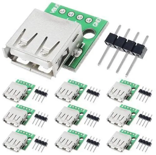 Main image of Vszerda 10 Pcs USB Type A Female to DIP Adapter 2.54mm 4 Pin USB 2.0 Type A Socket to DIP Converter Breakout Board for DIY Power Supply with 40 Pin Header