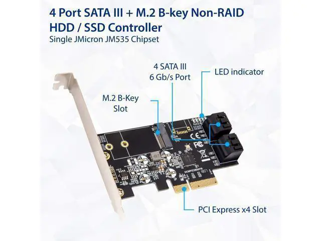 Alt view image 2 of 6 - Vszerda SI-PEX40138 Internal 4 Port Non-Raid SATA III 6GB/S with M.2 B-Key 22x42 Pci-E X4 Controller Card for Desktop PC Support SSD and HDD with Low Profile Bracket. JMB585 Chipset