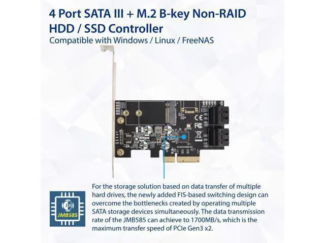 Alt view image 4 of 6 - Vszerda SI-PEX40138 Internal 4 Port Non-Raid SATA III 6GB/S with M.2 B-Key 22x42 Pci-E X4 Controller Card for Desktop PC Support SSD and HDD with Low Profile Bracket. JMB585 Chipset