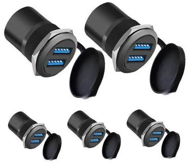 Main image of Vszerda Dual USB 3.0 Panel Mount Adapter - Threaded Round Connector with Waterproof Dust Cover, 2 Female to 2 Female Ports, 5Gbps for High-Speed Data Transfer, 5V 2A for Charging (5-Pack Black)