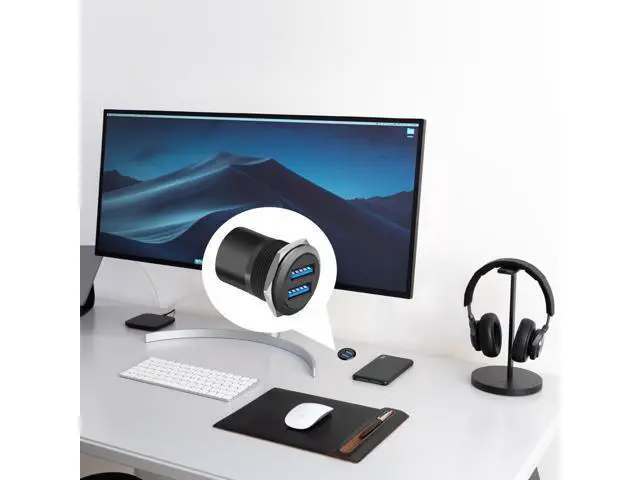 Alt view image 3 of 6 - Vszerda Dual USB 3.0 Panel Mount Adapter - Threaded Round Connector with Waterproof Dust Cover, 2 Female to 2 Female Ports, 5Gbps for High-Speed Data Transfer, 5V 2A for Charging (5-Pack Black)