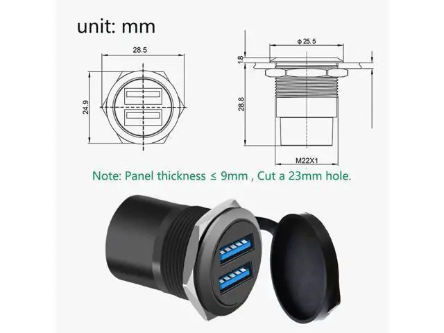 Alt view image 6 of 6 - Vszerda Dual USB 3.0 Panel Mount Adapter - Threaded Round Connector with Waterproof Dust Cover, 2 Female to 2 Female Ports, 5Gbps for High-Speed Data Transfer, 5V 2A for Charging (5-Pack Black)