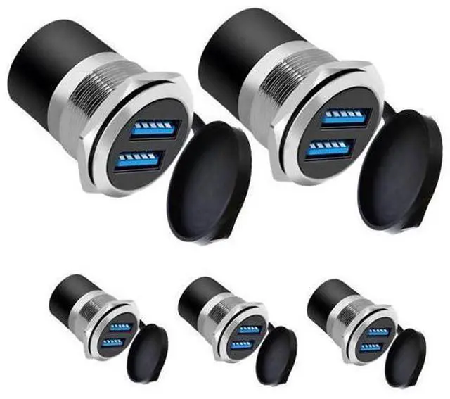 Main image of Vszerda Dual USB 3.0 Panel Mount Adapter - Threaded Round Connector with Waterproof Dust Cover, 2 Female to 2 Female Ports, 5Gbps for High-Speed Data Transfer, 5V 2A for Charging (5-Pack Silver)