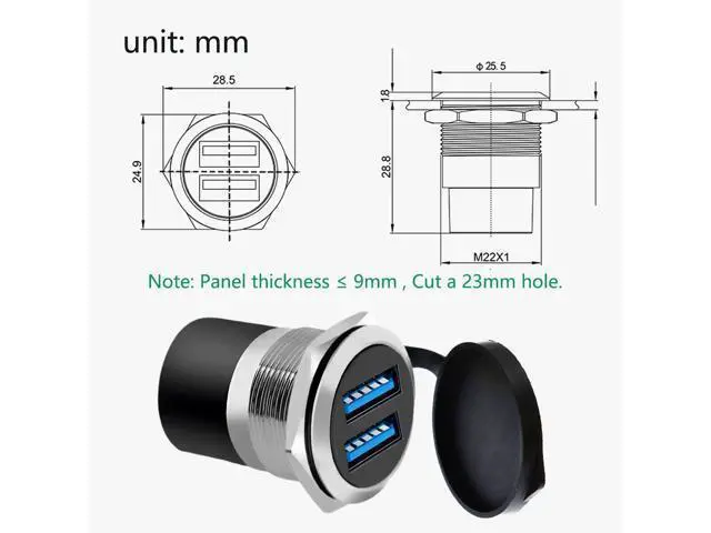 Alt view image 6 of 6 - Vszerda Dual USB 3.0 Panel Mount Adapter - Threaded Round Connector with Waterproof Dust Cover, 2 Female to 2 Female Ports, 5Gbps for High-Speed Data Transfer, 5V 2A for Charging (5-Pack Silver)