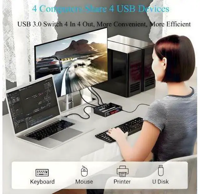 Alt view image 2 of 7 - USB 3.0 Switch Selector 4 Computers, 4 Port USB KVM Switch for 4 PC Share 4 USB Devices for Keyboard Mouse Printer, Wired Remote and 4 USB 3.0 Cables Included