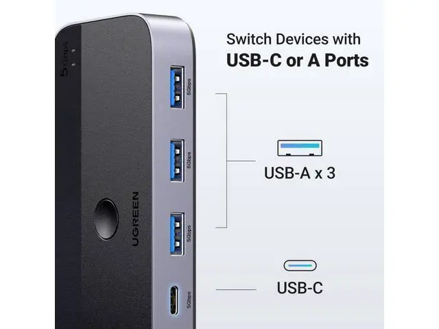Alt view image 4 of 7 - UGREEN USB 3.0 Switch 2 Computers Sharing USB C & A Devices, 4 Port USB Switcher Sharing Keyboard and Mouse, Printer/Scanner USB Switch Hub for Two Computers with 2 USB3.0 Cables and Controller