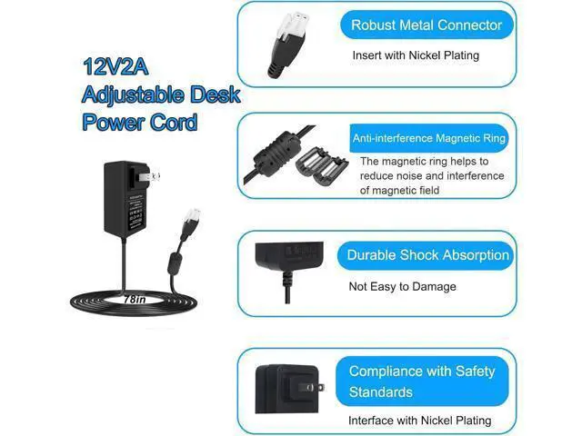 Alt view image 2 of 5 - 12V 2A Wall Plug-in Adjustable Desk Power Adapter for Single Motor Standing Desk, 12V Standing Desk Motor Power CordCompact Direct Plug Design, 24W Charger
