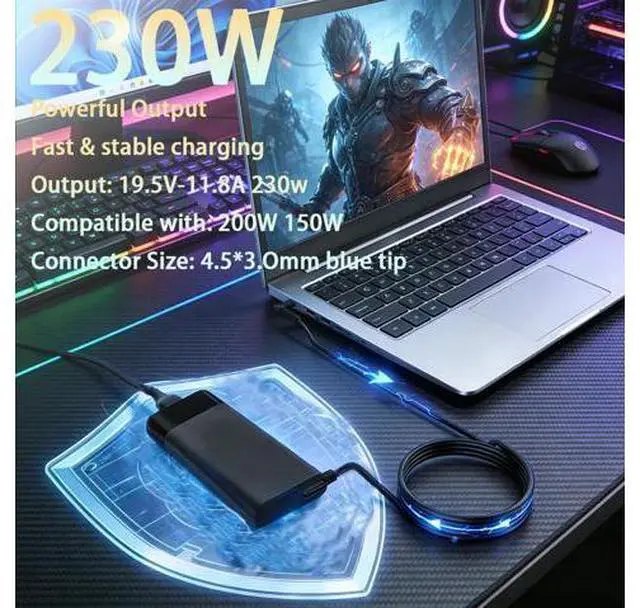 Alt view image 5 of 5 - Gaming Laptop Charger 230w 200w Replacement for Hp Omen 15 16 17 Transcend Victus 15 16 Pavilion Gaming/Envy/Zbook Fury 17 16 G9 g10 g8 Tpn-La10 M41303-001ac Power Cord Adapter (19.5v 11.8a)