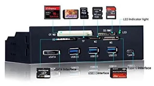 Alt view image 2 of 5 - Internal Card Reader, 5.25inches USB 3.0 Interface Multifunction Internal Card Reader Dashboard PC Front Panel with eSATA and USB 3.1 Port, Support M2, MSO, Memory, MS, XD, 64G CF Card