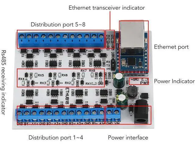 Alt view image 3 of 7 - RJ45 to 8 RS485 Hub Converter, PCB TVS Surges Protection Hub Board, Electronic Hub Module Accessories for Home Home Automation Identification System (Hub Module)