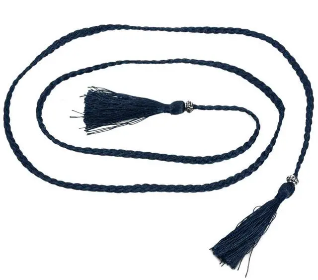 Alt view image 3 of 7 - Woven tassel belt knot decorated waist chain waist rope Navy Blue