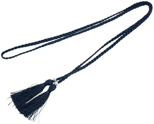 Alt view image 4 of 7 - Woven tassel belt knot decorated waist chain waist rope Navy Blue