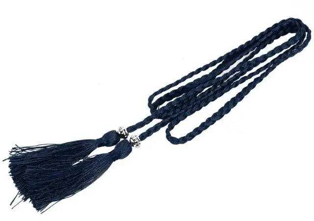 Alt view image 2 of 7 - Woven tassel belt knot decorated waist chain waist rope Navy Blue
