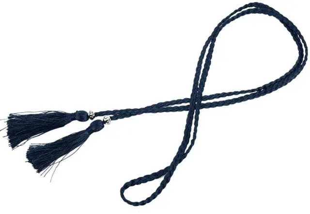 Alt view image 5 of 7 - Woven tassel belt knot decorated waist chain waist rope Navy Blue
