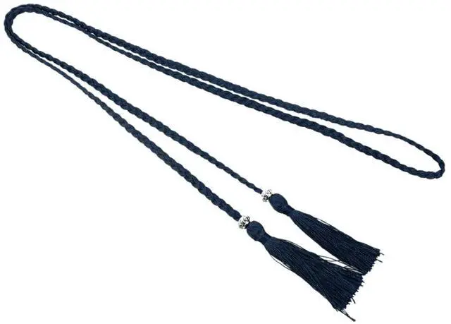Alt view image 7 of 7 - Woven tassel belt knot decorated waist chain waist rope Navy Blue