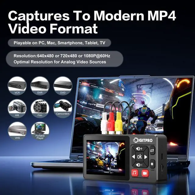Alt view image 5 of 7 - VHS to Digital Converter 2.0, HD Video to Digital Converter Recorder with Remote, Convert Record Analog Video Audio from VHS/VCR, DVR/DVD/Hi8/Mini DV/Camcorder/Gaming ConsolesTapes Players Needed)