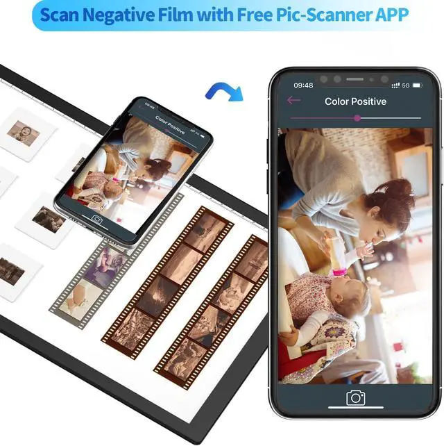 Alt view image 2 of 7 - Slide & Negative Viewer Light Box with 4 Magnets, A4 Ultra-Thin LED Light Pad for Smartphone Scanning, 3 Level Dimmable Backlight to Digitize Old Slide, Film Negative & Photos, USB Powered
