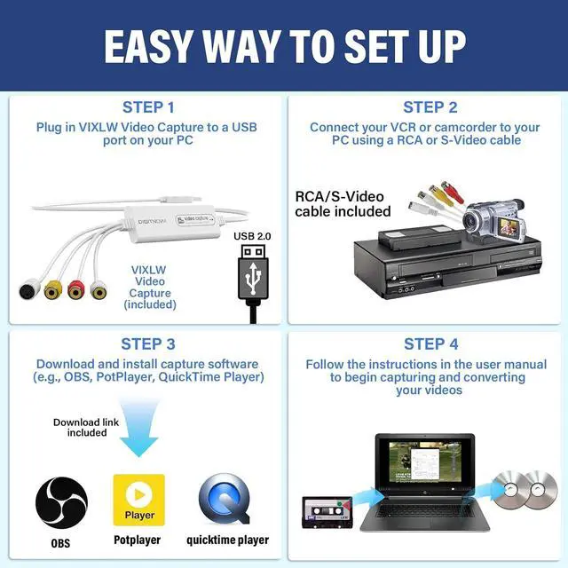 Alt view image 4 of 7 - Video Capture, USB Video Capture Device, Convert VHS to Digital, VHS/VCR/Hi8/Mini DV to Digital/DVD Converter, for Tape Player Camcorder Camera PC TV OBS, for Mac OS, Android, Windows