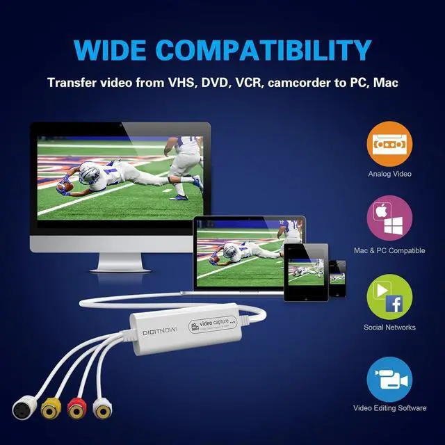 Alt view image 7 of 7 - Video Capture, USB Video Capture Device, Convert VHS to Digital, VHS/VCR/Hi8/Mini DV to Digital/DVD Converter, for Tape Player Camcorder Camera PC TV OBS, for Mac OS, Android, Windows