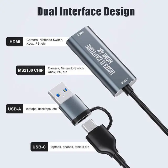 Alt view image 2 of 7 - HDMI Capture Card, 4K HDMI to USB/USB-C Capture Device, USB3.0 Video Capture Card for Streaming and Recording, Work with Windows/Mac OS/OBS, for Live Broadcast PS4/5 Switch Gaming Streaming