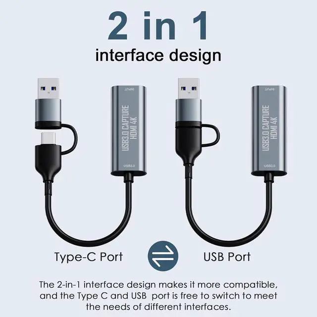 Alt view image 3 of 7 - HDMI Capture Card, 4K HDMI to USB/USB-C Capture Device, USB3.0 Video Capture Card for Streaming and Recording, Work with Windows/Mac OS/OBS, for Live Broadcast PS4/5 Switch Gaming Streaming