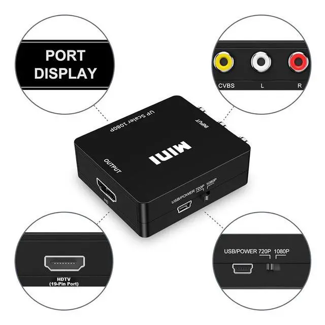Alt view image 2 of 6 - RCA to HDTV(19-Pin Port) Converter,1080P RCA Composite CVBS AV to HDTV Video Audio Converter Adapter with USB Power Cable,Compatible with N64 Wii PS2 Xbox VHS VCR Camera DVD, Support PAL/NTSC