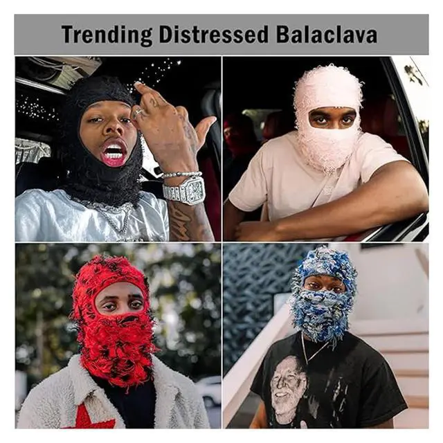 Alt view image 5 of 6 - Distressed Ski Mask Full Face Knitted Fuzzy Yeat Shiesty Distress Mask for Men Women White