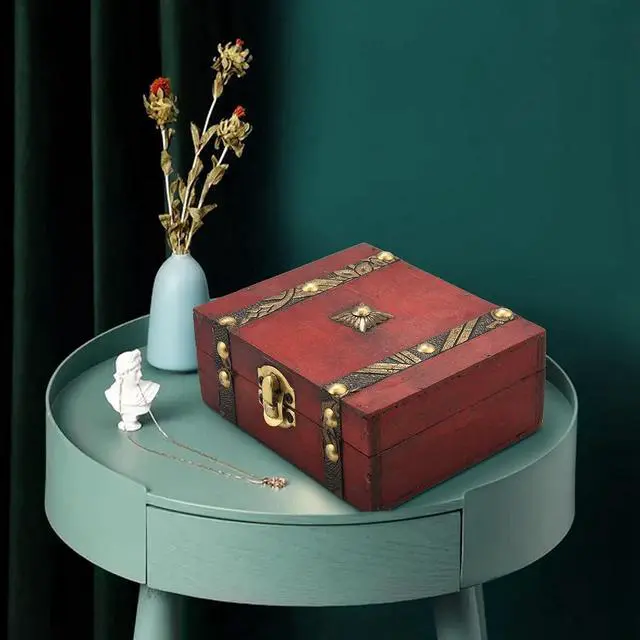 Alt view image 7 of 7 - Vintage Wooden Treasure Chest Storage Box Lock Organizer Case Foldable Mini Small Wood Home Decor Container Trinket Jewelry Bin