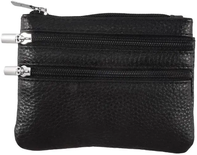 Main image of Leather Change Coin Purse with 4 Pockets and Keychain for Women Black