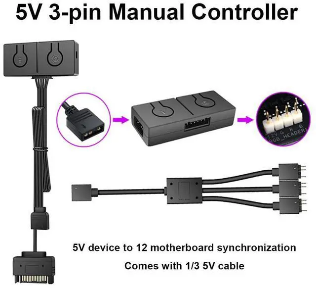 Alt view image 6 of 7 - 5V/3pin ADD-RGB to 12V/4PIN Adapter with 3-Way Splitter 5V ARGB to 12V RGB Converter Sync with Motherboard