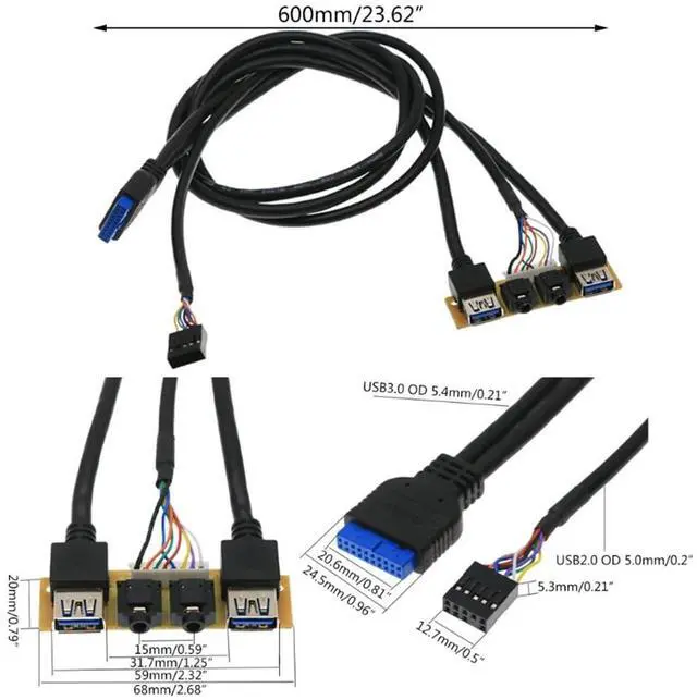 Alt view image 6 of 6 - 60cm Front for Case Panel Usb3.0+Usb3.0 High Definition Audio Jack Port I/O Board Internal Cable Line Hub Wired Network