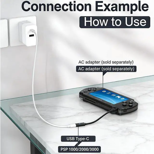 Alt view image 3 of 6 - USB-C to DC Barrel Charger Adapter for PSP 1000 2000 3000, Extended Barrel Tip Supports Charging with Protective Case On, Compatible with USB-A to C & USB-C to C Charging Cables