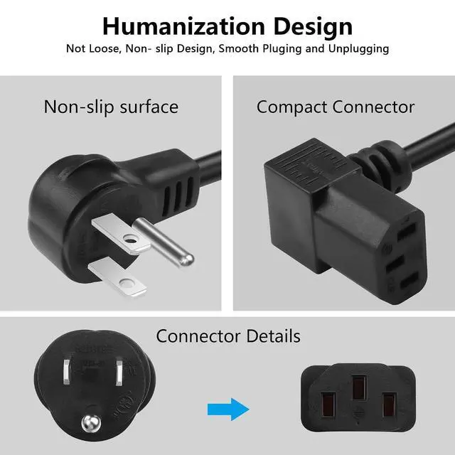 Alt view image 5 of 7 - 3.9FT 18AWG NEMA 5-15P to Down Angle IEC 320 C13 Computer Power Cord,10A/250V, 3 Prong AC Power Cord Cable for TV, Computer, Printer, Radio, Monitor, Laptop and More