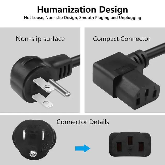 Alt view image 5 of 7 - 3.9FT 18AWG NEMA 5-15P to Left Angle IEC 320 C13 Computer Power Cord,10A/250V, 3 Prong AC Power Cord Cable for TV, Computer, Printer, Radio, Monitor, Laptop and More