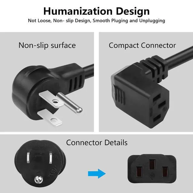 Alt view image 5 of 7 - 3.9FT 18AWG NEMA 5-15P to Up Angle IEC 320 C13 Computer Power Cord,10A/250V, 3 Prong AC Power Cord Cable for TV, Computer, Printer, Radio, Monitor, Laptop and More