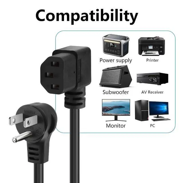 Alt view image 2 of 7 - 3.9FT 18AWG NEMA 5-15P to Right Angle IEC 320 C13 Computer Power Cord,10A/250V, 3 Prong AC Power Cord Cable for TV, Computer, Printer, Radio, Monitor, Laptop and More