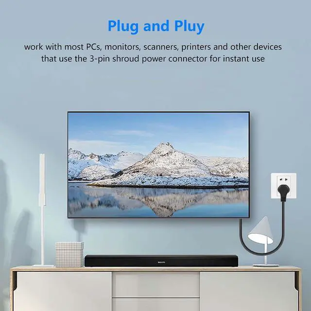 Alt view image 6 of 7 - 3.9FT 18AWG NEMA 5-15P to Down Angle IEC 320 C13 Computer Power Cord,10A/250V, 3 Prong AC Power Cord Cable for TV, Computer, Printer, Radio, Monitor, Laptop and More
