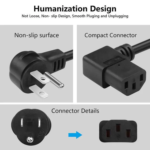 Alt view image 5 of 7 - 3.9FT 18AWG NEMA 5-15P to Right Angle IEC 320 C13 Computer Power Cord,10A/250V, 3 Prong AC Power Cord Cable for TV, Computer, Printer, Radio, Monitor, Laptop and More